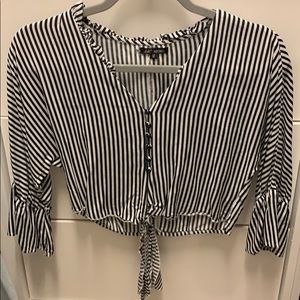 Love culture blue and white bell sleeve blouse